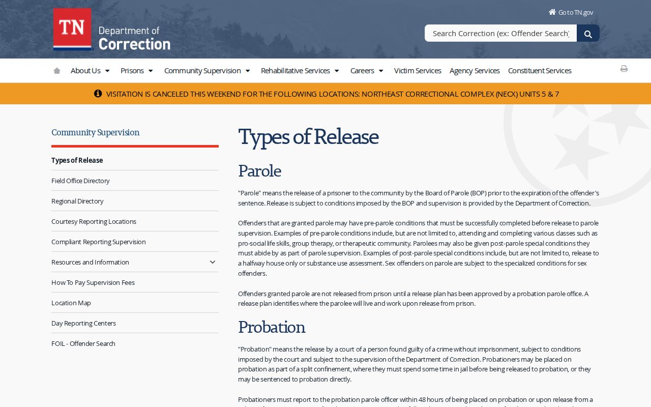 TDOC definitions for Roane County parole and probation status