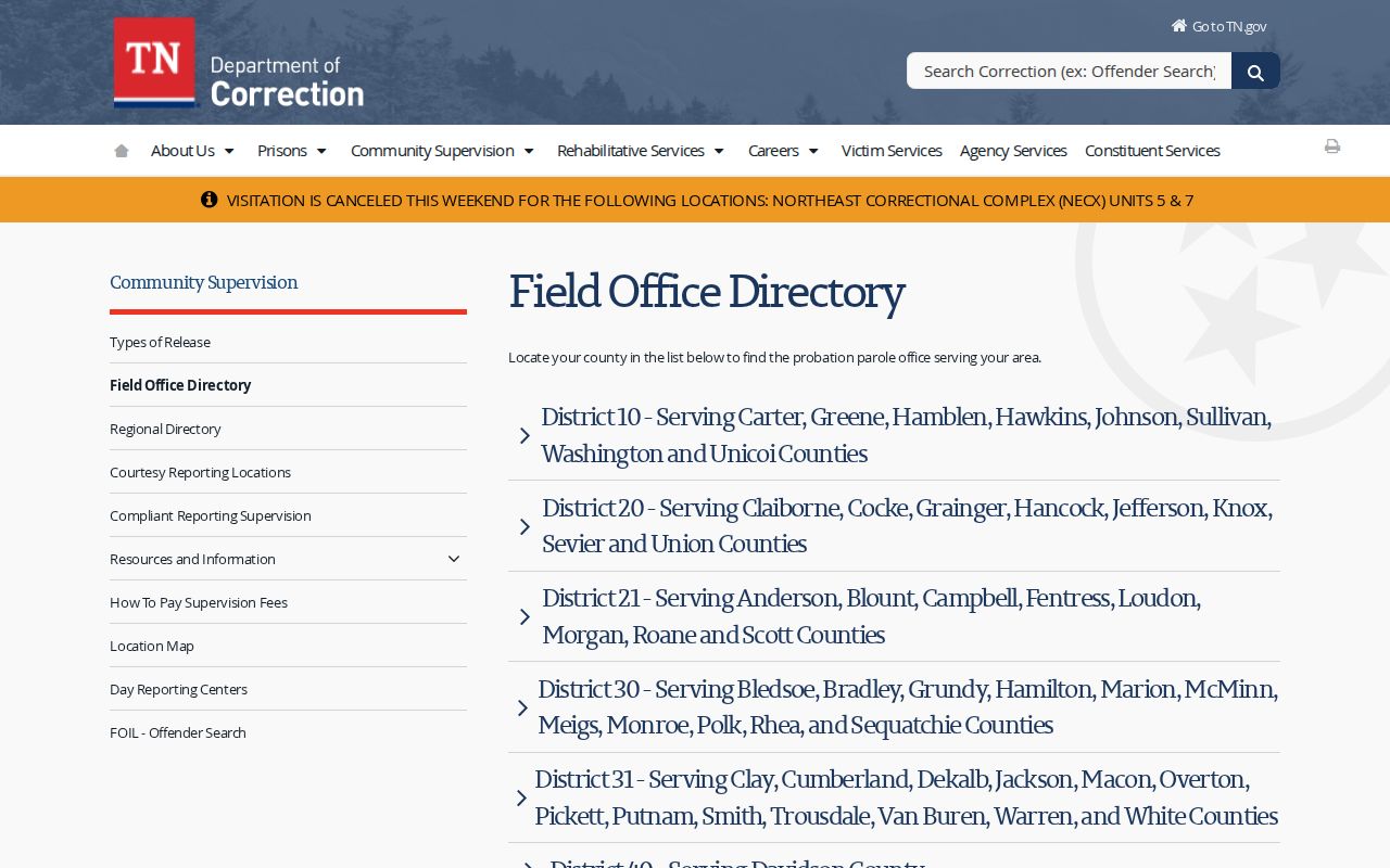 TDOC District 21 office for Roane County post-release supervision