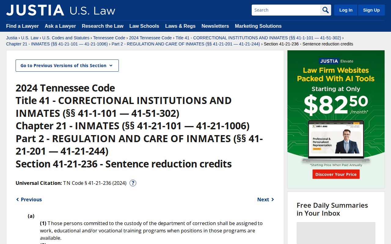 Tennessee sentence-credit statute for a Roane County inmate release date